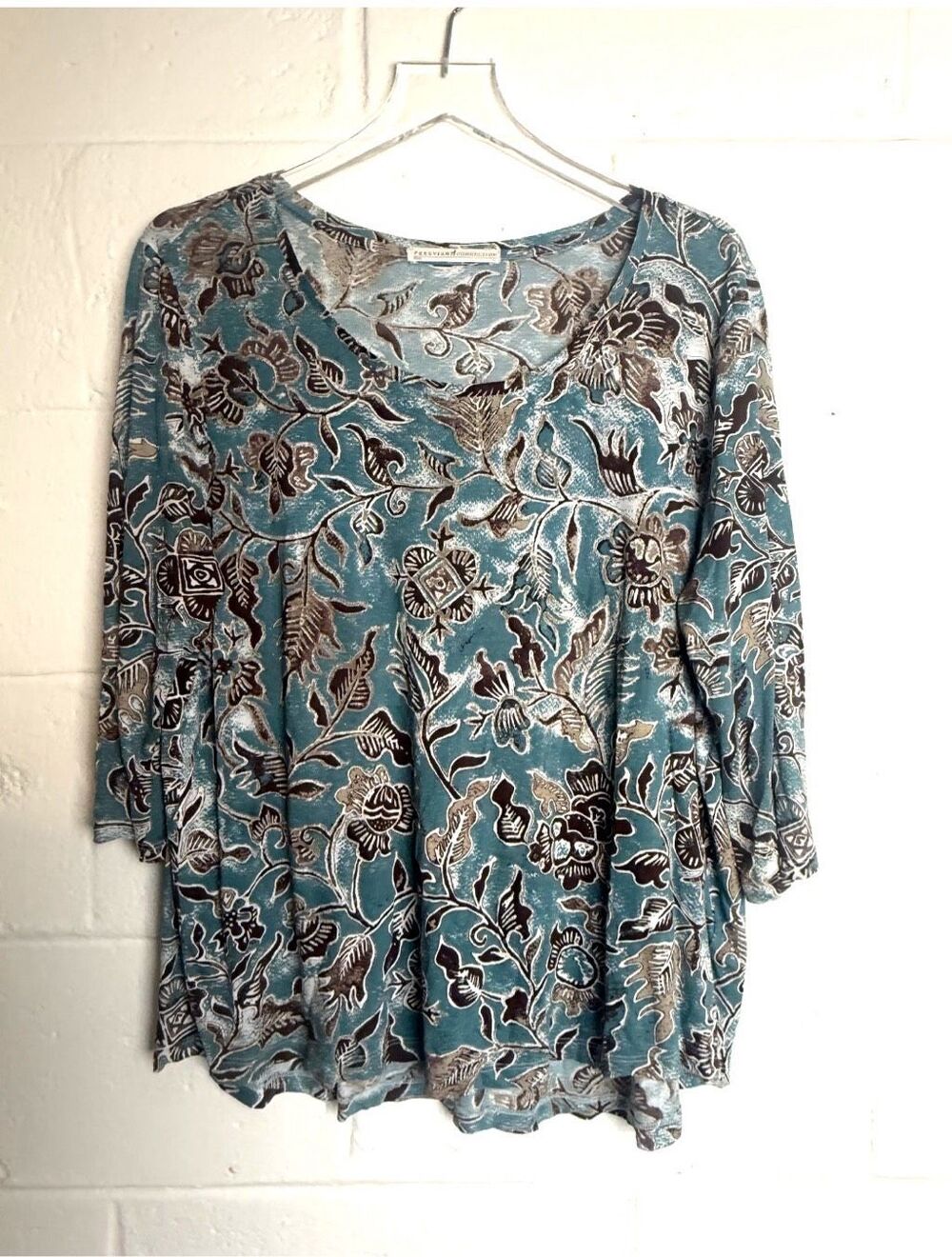 Peruvian Connection Women’s XL Blue Floral Pima Cotton Swing Tunic Top
